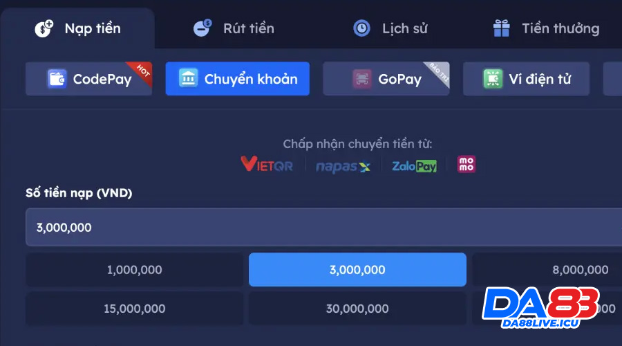 Có 5 cách cho người chơi nạp tiền DA88