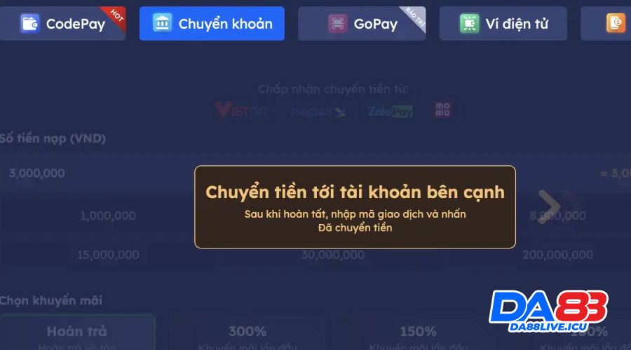 Lưu ý cần nắm khi nạp tiền DA88